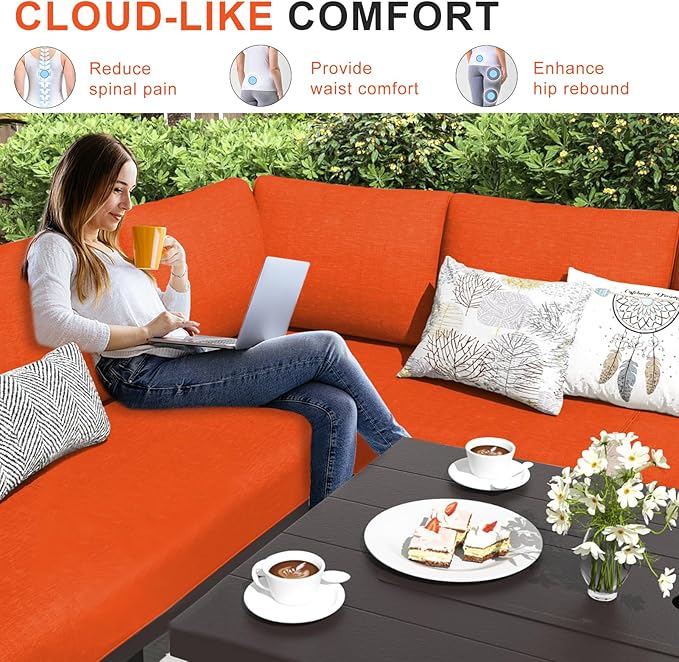Patio Sectional Cushions, 14-Piece Replacement Cushions for Outdoor Furniture, Water-Resistant Outdoor Sofa Cushion for 6-Seat Rattan Wicker Sectional Conversation Sets (Orange)