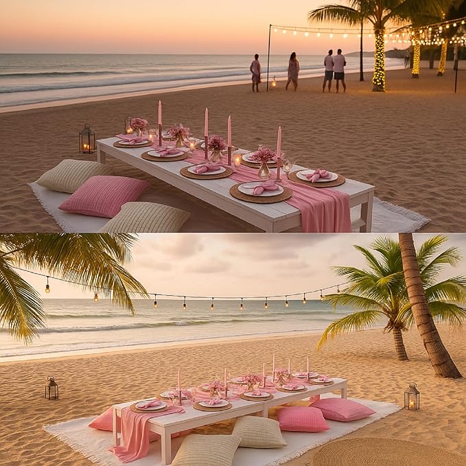 91 x 71 Extra Large Outdoor Boho Picnic Blanket with Pink Table Runner, 6 Throw Pillow Covers 6 Napkins Woven Cotton Yarn Oversize Beach Blanket Washable Picnic Camp Wedding