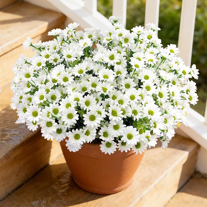 16 Bundles Silk Daisy Artificial Flowers for Outdoors UV Resistant Fake Daisies Plastic Plants Flower for Home Outside Front Door Porch Garden Patio Planters Decoration (White)