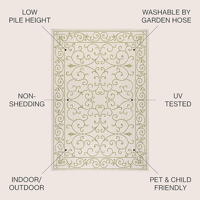 JONATHAN Y Vintage Filigree Indoor Outdoor Square Area Rug 5X5 Cream/Green, Charleston Textured Weave for Backyard, Patio, Porch, Easy-Cleaning, High Traffic, Pet-Friendly, Non-Shedding (SMB106I-5SQ)