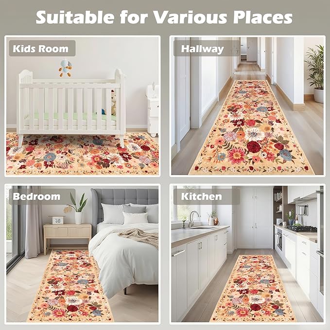 Rug for Hallways Kitchen Rug 2x6, Non Slip Washable Rugs with Rubber Backing Soft Floral Carpet Runner for Hallways, Kitchen, Laundry, Bedroom, Bathroom(Yellow Garden, 2 x 6)