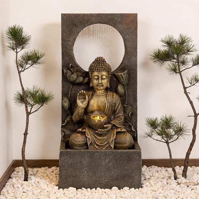 Ferrisland Buddha Waterfall Fountain Outdoor, Freestanding Relaxing Water Fountain, Asian Zen Fengshui Patio Garden Backyard Decking Home Decor, Gift Ideas (Gold, 27.6" H)