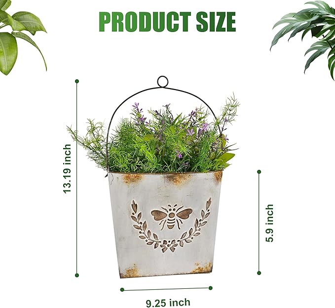 CVHOMEDECO. Farmhouse Wall Mount Metal Flower Pots Rustic Galvanized Bee Flower Holder Wall Hanging Pocket Planter for Indoor, Outdoor and Wall Decor, Set of 2 (Grey)