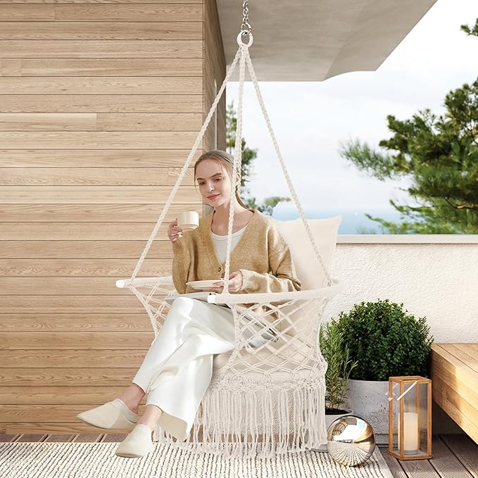 Athena Collection Hammock Swing Chair with Cushion, Outdoor Macrame Chair with Mounting Hardware, Max 350 Lbs, Large Cotton Rope Hanging Chair for Outdoor Indoor Porch Garden, Beige