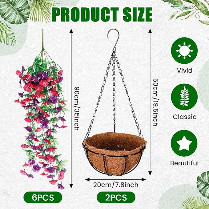 Hotop 2 Set Artificial Hanging Flower Basket and 6 Pcs Bougainvillea Silk Vine Flower for Outdoor Indoor UV Resistant Faux Hanging Plant Coconut Lining Planter Pot(Purple, Rose Red)