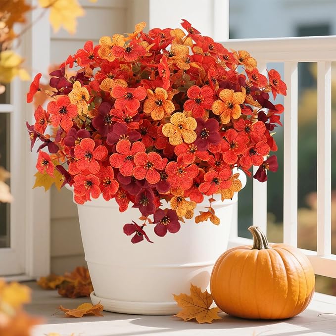 Artificial Fall Mums Flowers Plants for Outdoor Decoration, 12 Bundles Fake Faux Silk Orange UV Resistant Look Real for Autumn Front Door Porch Planter Patio Garden Home (12Pcs Orange Begonia)