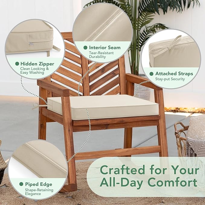 Outdoor Chair Cushions Set of 6: Waterproof & Fade Resistant Deep Seat Cushion for Patio Furniture - 24 x 24 x 3 Inch Chair Pads with Ties and Hidden Zipper - Patio Chair Cushion Replacement, Beige