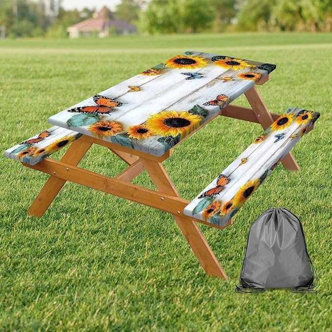 Picnic Table Cover with Bench Cover, Outdoor Patio Camping Essentials Farmhouse Sunflower Table Covers with Elastic Waterproof Camping Tablecloth with Drawstring Bag, 72In 3PCS