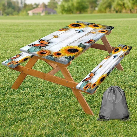 Picnic Table Cover with Bench Cover, Outdoor Patio Camping Essentials Farmhouse Sunflower Table Covers with Elastic Waterproof Camping Tablecloth with Drawstring Bag, 72In 3PCS