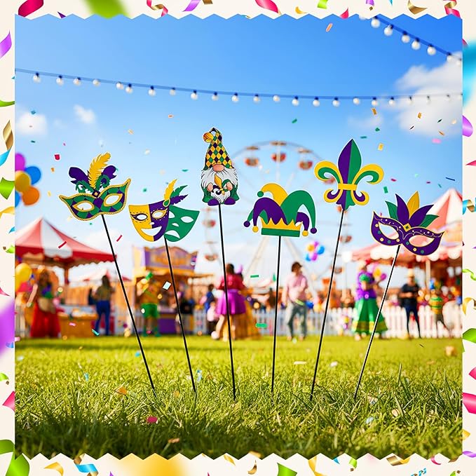 Pickmesh 6 Pcs 12" H Mardi Gras Metal Yard Sign Metal Yard Sign Barn Garden Stake for Mardi Gras Planter Pot Walkway Pathway Outdoor Decor Lawn Decoration