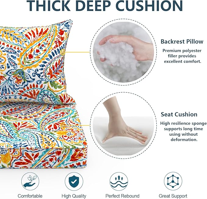Outdoor Deep Seat Cushion Set, Water Repellent 24"x24" Patio Thick Cushions Replacement with Seat & Back Pillow for Patio Sofa, Wicker Chair, Couch - Paisley Multi