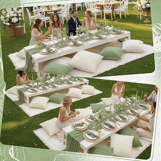 91 x 71 Extra Large Outdoor Boho Picnic Blanket with Sage Green Table Runner, 6 Throw Pillow Covers 6 Napkins Woven Cotton Yarn Oversize Beach Blanket Washable Picnic Camp Wedding