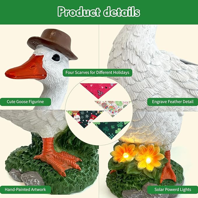 Porch Goose Garden Statue with Solar Glowing Flower, 10" Solar Duck Decorative Figurine for Outdoor, Valentine St.Patrick Easter Christmas Seasonal Scarves for Patio Yard Decor - Unique Gift for Women