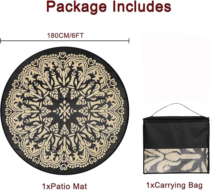 Homcomoda Round Outdoor Patio Rug, 6Ft Waterproof Indoor/Outdoor Area Rug, Black/Brown, 71" Diameter, Leaf Pattern, Machine Made, Low Pile, Foldable, Reversible, Lightweight, Spot Clean Only