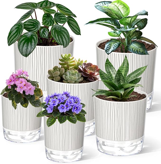 6 Pack Self Watering Pots for Indoor Plants, 4+5.5+6.3 Inch Self Watering Plant Pots Set, Flower Pots with Wick Rope and Reservoir for African Violet, Spider Plant, Orchid