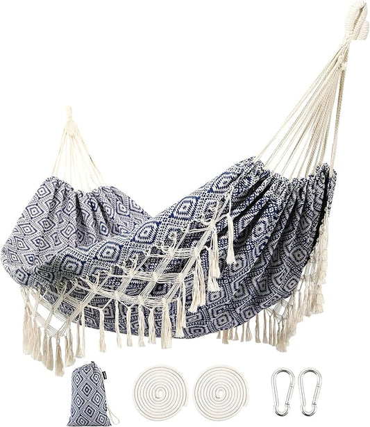 Backyard Hammock with Tassels,Garden Hammocks with Portable Carry,Bag Deluxe Macrame Fringe for Patio,Garden,Backyard,Beach,Outdoor and Indoor Porch Fabric, Up to 450Lbs (Blue-Diamond)