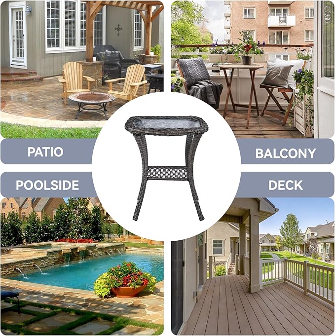 Patio Side Table Glass Wicker Table Outdoor PE Rattan Side Table with Storage Shelf Weather Resistant Square Sidetable for Patio Garden Poolside Deck Balcony Porch Yard, Brown