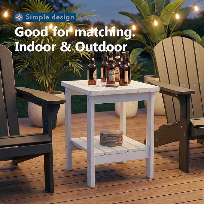 PASAMIC 2-Tier Adirondack Square Outdoor Side Table, HDPE Small Outdoor Table, Patio End Table for Patio, Pool, Backyard, Weather-Resistant (White)