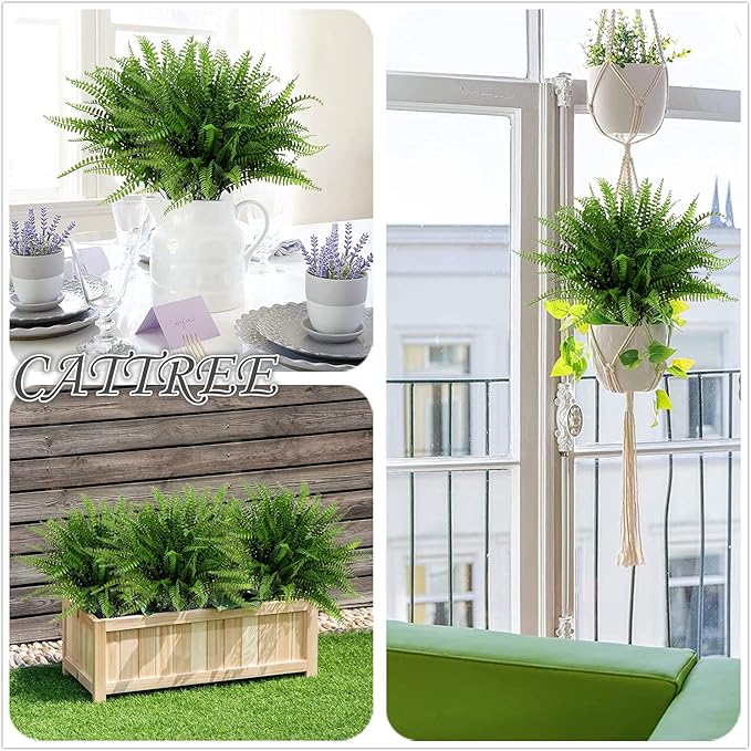 Artificial Boston Ferns Plants, Fake Plastic Fern Grass Faux Shrubs Plastic Leaves Simulation Greenery Bushes for Home Decor Indoor Outdoor Garden Wedding Decoration Yard Vase Planter Filler – 8 Pack