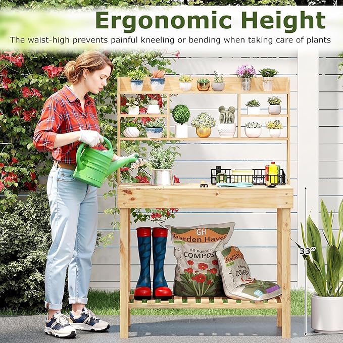 Giantex Potting Bench, Outside Solid Wood Potting Table with Flip-up Tabletop, Shelves, Indoor Outdoor Wooden Workbench for Patio Porch Balcony, Potted Plant Display Rack, 42"x18"x60", Natural