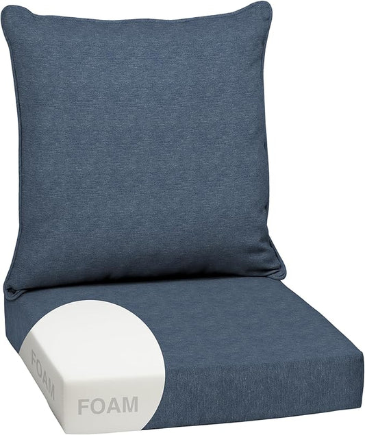 Arden Olefin Outdoor Foam Deep Seat Cushion Set, 24 in x 24 in, Weather-Proof, Rain-Proof, Fade Resistant Patio Cushion, Deep Seat Bottom and Back Cushion for Chair, Sofa, and Couch Denim Alair