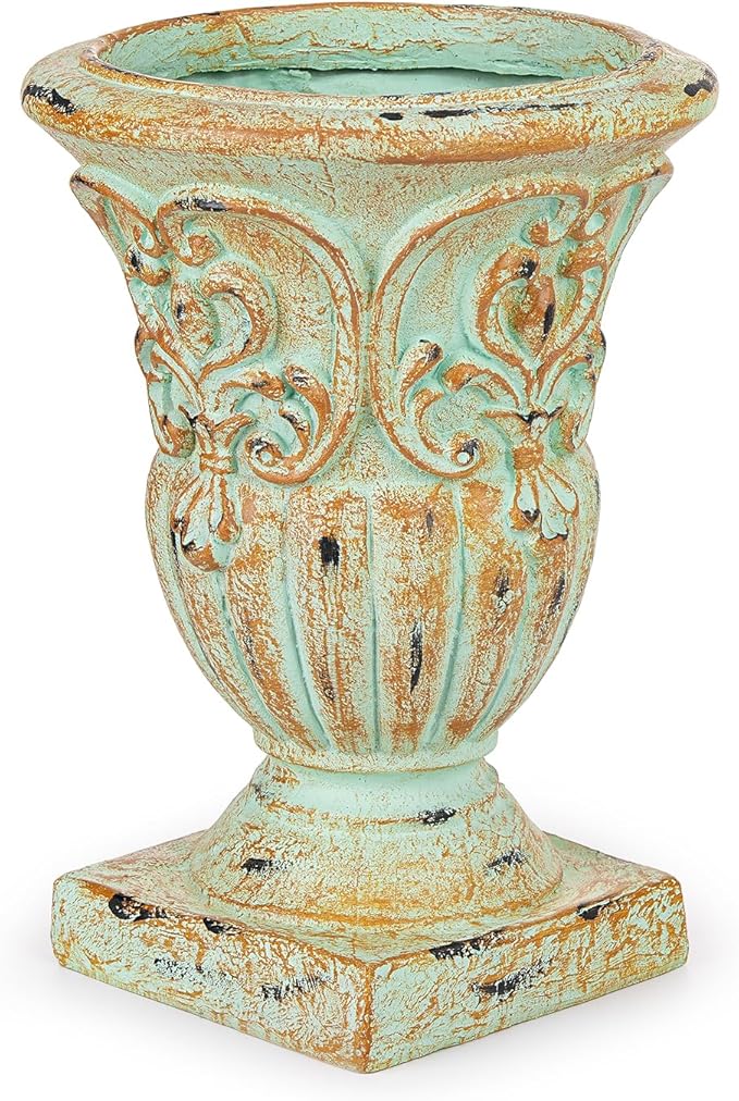 Sungmor Vintage Resin Trophy Planter, 13 Inch Embossed Design Garden Urn with Drainage Hole, Decorative Plant Pot Indoor Outdoor Plant Container, Shabby Chic Flower Vase Home Decor
