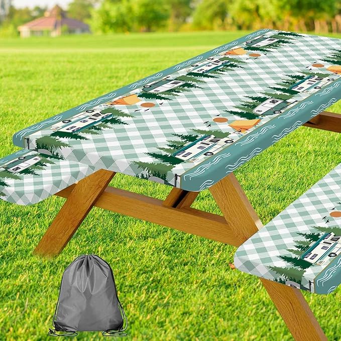 Picnic Table Cover with Bench Covers, Buffalo Plaid Camping Waterproof Windproof Fitted Tablecloth Cover with Elastic Edge, Camping Fitted Tablecloth with Drawstring Bag, 96in, Green