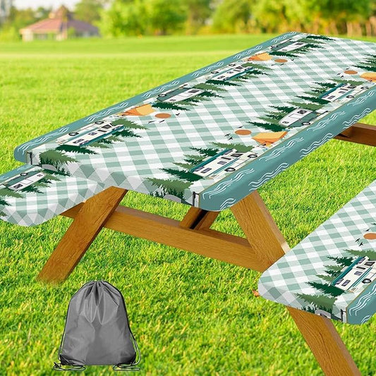 Picnic Table Cover with Bench Covers, Buffalo Plaid Camping Waterproof Windproof Fitted Tablecloth Cover with Elastic Edge, Camping Fitted Tablecloth with Drawstring Bag, 60in, Green