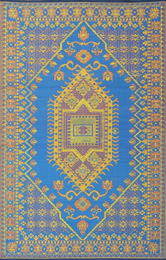 Mad Mats Traditional Outdoor Rug, Reversible Plastic Mat (6' x 9', Oriental Turkish - Blue)