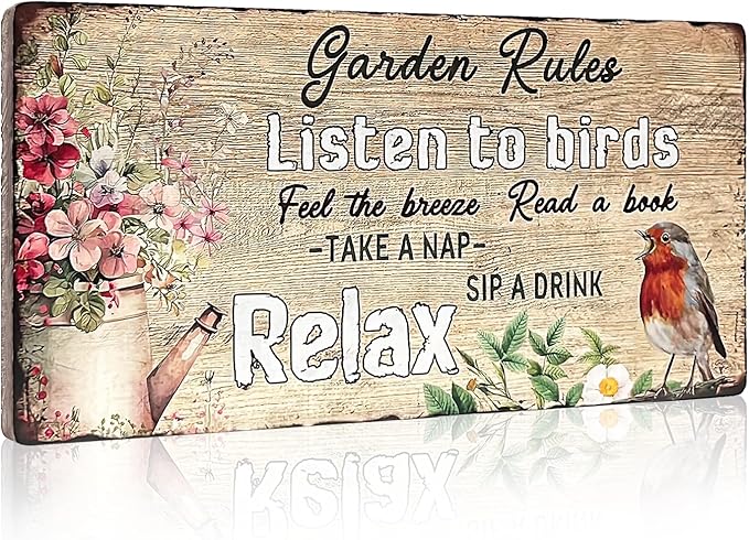 Vintage Garden Decor - Outdoor Wooden Gardening Sign - Funny Rules Listen to Birds - 16'x8'