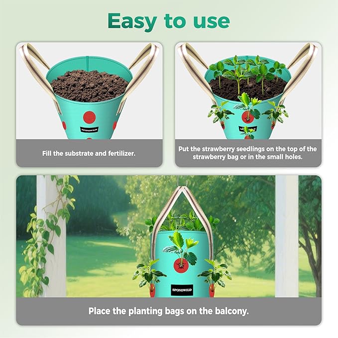 3 Pack Hanging Strawberry Planter Bags, 5 Gallon Hanging Grow Bags with Bottom Planting Hole, Thickened PE Strawberry Pot for Vegetables Herbs Tomatoes