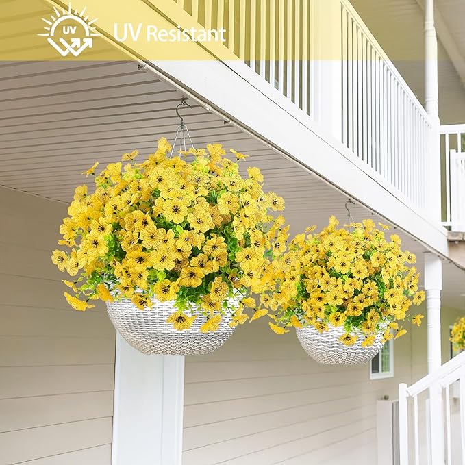 Artificial Flowers Outdoor Faux Plants UV Resistant Fake Patio Flowers Plastic Greenery Plnats Outside Bulk for Spring Garden Hanging Planter Home Vase Decor, 24 Bundles (Yellow)