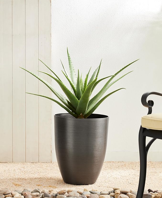 Glitzhome 16.75" H Tall Planters for Outdoor Plants,Tall Black Planter with Drainage Holes,Modern Resin and Stone Faux Brushed Steel Texture Large Planters,Garden Flower Pots for Porch Indoor,Set of 2