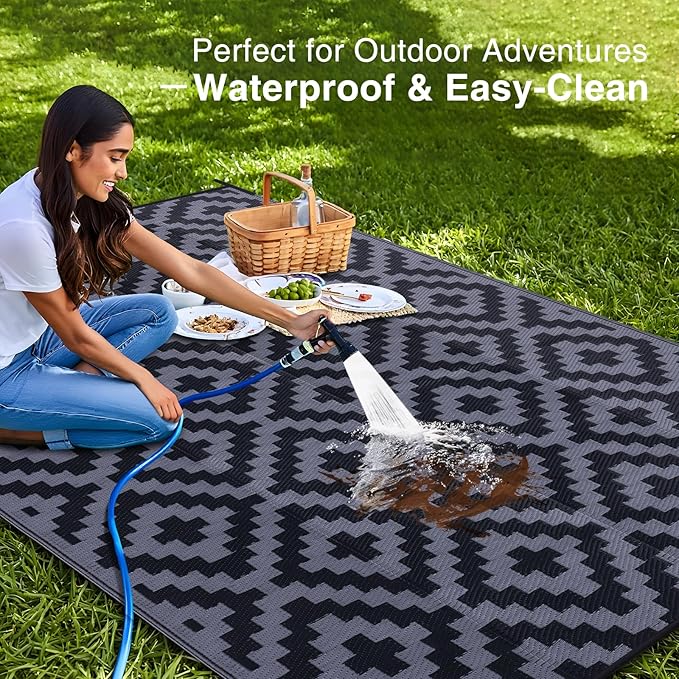 OLANLY Waterproof Outdoor Rug 8x10 ft, Outdoor Plastic Straw Rug for Camping, RV Mat Outside, Indoor Outdoor Carpet for Porch, Deck, Backyard, Balcony, Picnic, Black & Grey