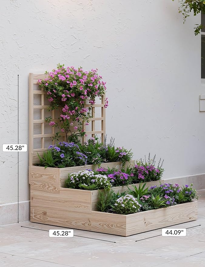 Space-Saving 3-Tier Wood Planter Box with Attached Trellis, Vertical Raised Garden Bed for Climbing Vines, Vegetables, Fruits, Herbs, Open Bottom Drainage for Patio, Deck, Balcony Gardening