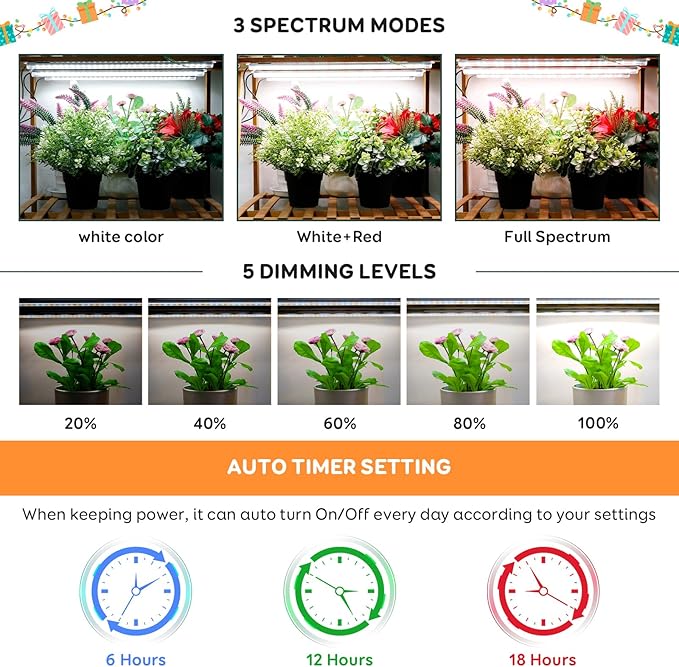 16'' 6 Bars Grow Light Strips for Indoor Plants with Auto ON/Off Timer 6/12/18H, 5 Dimmable Levels for Shelves Plant Growing(Pack 1)