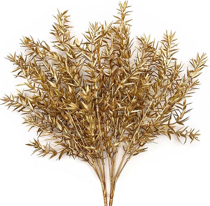 CATTREE Artificial Plants for Christmas, Plastic Grass Faux Shrubs Fake Leaves Simulation Sharp Bushes Home Indoor Outdoor Garden Wedding Festival Decoration Hall Table Planter Filler – Gold 2 Pack
