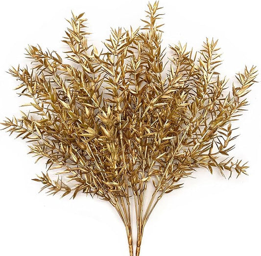 CATTREE Artificial Plants for Christmas, Plastic Grass Faux Shrubs Fake Leaves Simulation Sharp Bushes Home Indoor Outdoor Garden Wedding Festival Decoration Hall Table Planter Filler – Gold 2 Pack
