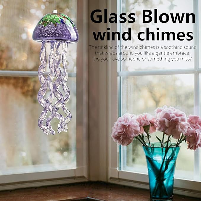 H&D HYALINE & DORA Purple Blown Glass Jellyfish Wind Chime Sea Glass Wind Chimes for Outside Jellyfish Wind Chimes Outdoor Sea Glass Decor for Patio Garden Balcony Porch(14in)