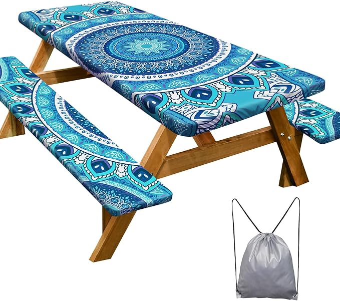 Picnic Table Cover with Bench Covers Camping Essentials Waterproof Windproof Camping Tablecloth with Drawstring Bag, Fitted Rectangle Tables and Seats, 96in, Air Superiority Blue