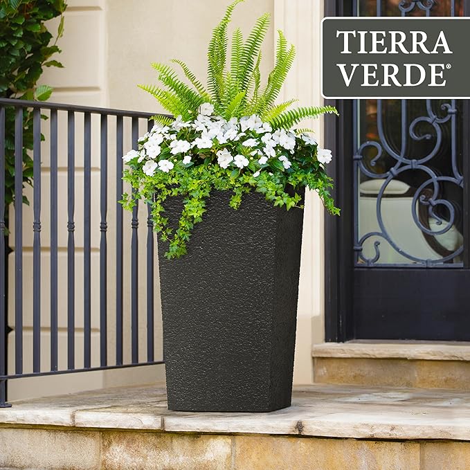 Tierra Verde Indoor & Outdoor Self-Watering Square Planter, Citadel Stucco, 13.5" x 26", Black - Planting Containers for Plants and Flowers - Gardening and Landscaping Accessories