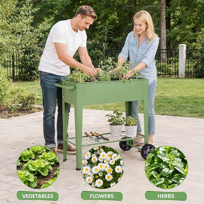 Tall Raised Garden Bed Outdoor with Wheels, Metal Elevated Raised Planter Box with Drainage Holes for Vegetables, Flower, Herbs(Green)