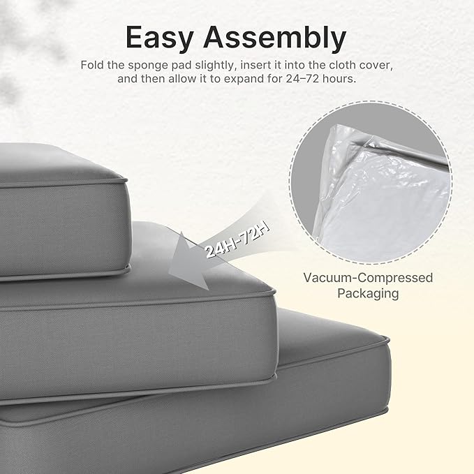 SUNCOZE 14-Piece Outdoor Cushions for Patio Furniture, 25.6"x25.6" Couch Cushion Replacement Designed for 6-Seat Sectional Sofa Sets, Anti-Slip Patio Cushions for Garden, Backyard, Porch (Grey)