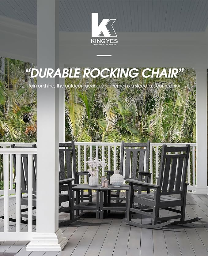 KINGYES Outdoor Rocking Chair Set of 2, All-Weather Patio Rocking Chairs for Porch, HDPE Rocking Outdoor Chairs with High Back for Adult, Heavy Duty Outdoor Patio Rockers for Garden, Lawn, Black