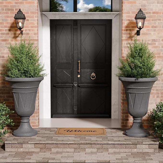 23.6" Tall Plastic Urn Planters for Outdoor Plants, Set of 2 Heavy-Duty Classic Indoor Large Flower Pots with Drainage Holes & Trophy Design, Outdoor Planters for Porch, Home Garden, Dark Grey