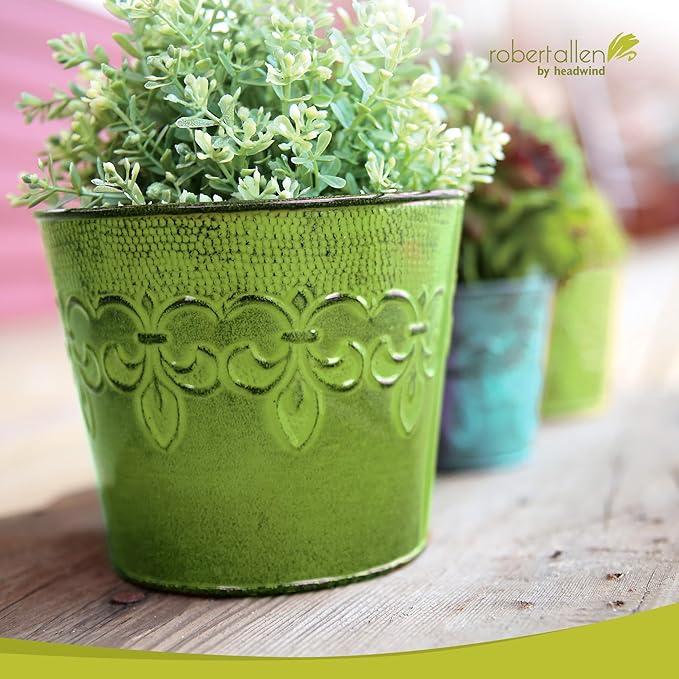 Headwind Ironlite Fleur De Lis Collection – 6" Tansy Green Decorative Planter with Drain Plug – Lightweight Metal Garden Pots for Indoor & Outdoor Planters Use by Robert Allen