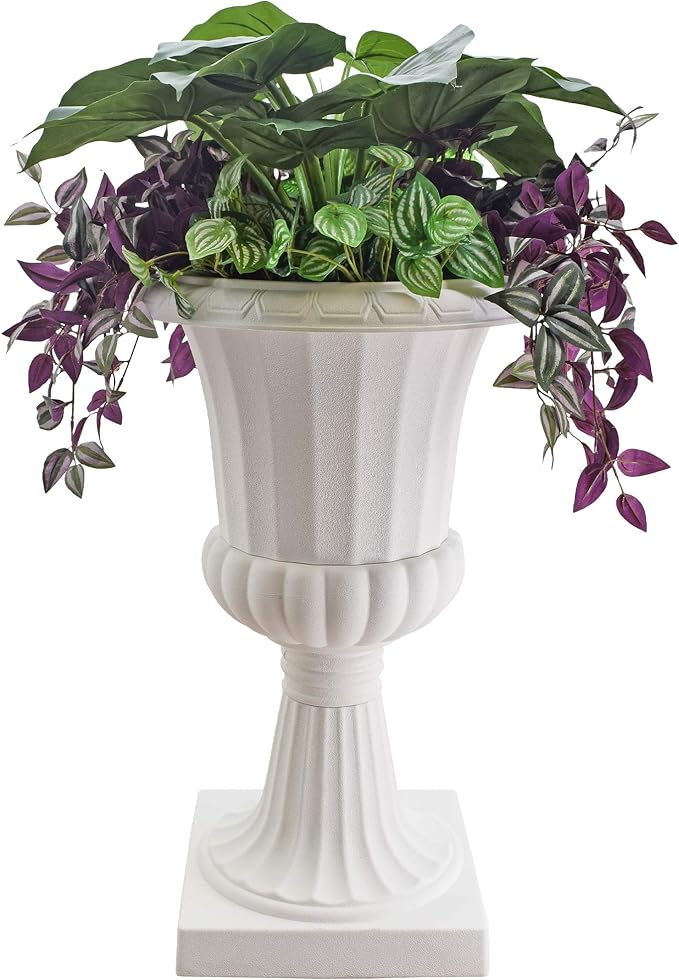 Arcadia Garden Products Plastic Garden Pedestal Urn, Set of 2 Classic Decorative Garden Pot Planter for Indoor and Outdoor Plants, 22” x 36”, White