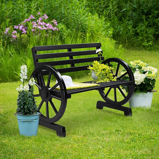 VINGLI 41" Rustic Wooden Wheel Bench Outdoor Bench, 2-Person Patio Bench Wagon Slatted Seat, Garden Benches for Outdoors 350lbs High Capacity, Weather Resistance (Black)