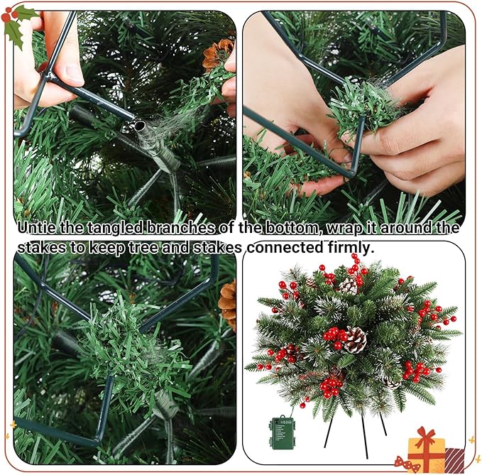 Juegoal 2 Pack Pre-lit Christmas Tree Urn Filler, Lighted Artificial Xmas Pine Trees with Tripod Stake, 8 Modes & Timer, Battery Powered Outdoor Light Up Planter Filler Festival Holiday Decor