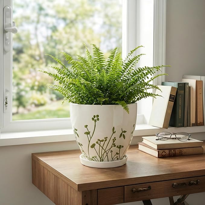 Indoor Plant Pot 8.2 Inch - Ceramic Planter with Drainage Hole and Saucer, Boho Round Decorative Flower Pot for Indoor Outdoor Flowers, Plant Lover Gifts, Office Home Garden Patio Decor, White